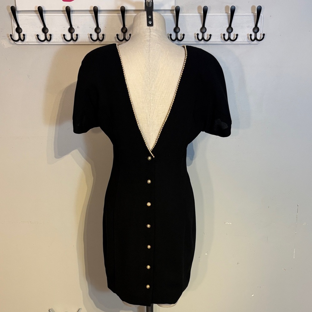 Vintage low back Black Mini Dress with pearl details